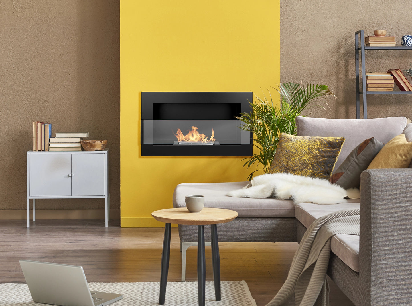 Biokamin 650x400 mit Glas Schwarz Strukturiert - IgnisLumina.ch