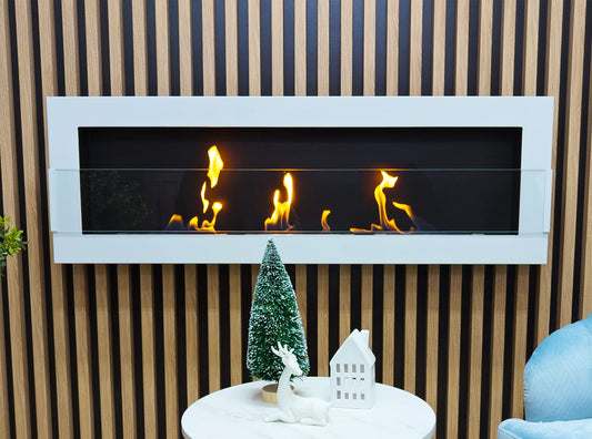 LUMINA Flammen 1200 Glas – Hängender Bioethanol-Kamin mit Glasscheibe – Weiss glänzend