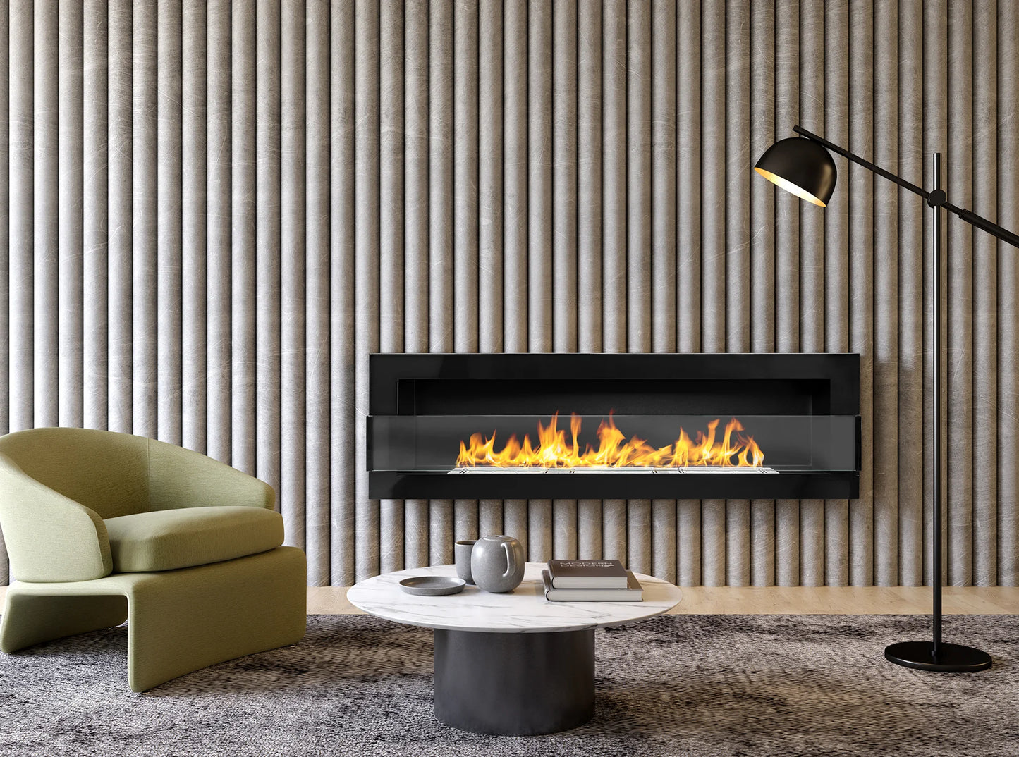 Wand-Biokamin mit Glas 1200x400 Schwarz Hochglanz - IgnisLumina.ch