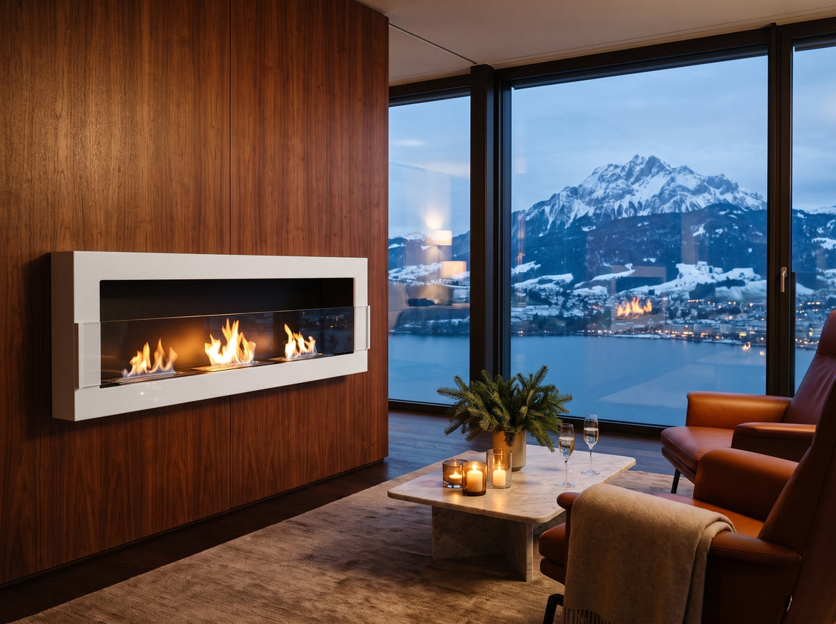 LUMINA Flammen 1200 Glas – Bioethanol-Wandkamin in einer Residenz am Vierwaldstättersee (Wohnbeispiel, Visualisierung) – Weiss glänzend