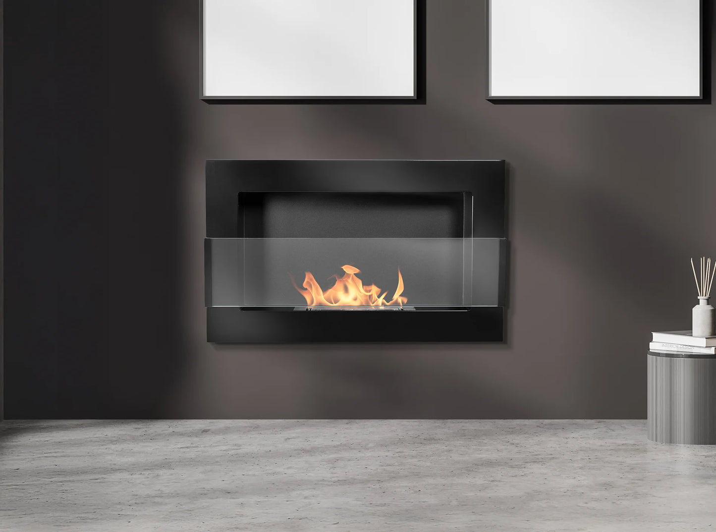 Wand-Biokamin mit Glas 650x400 Schwarz Hochglanz - IgnisLumina.ch