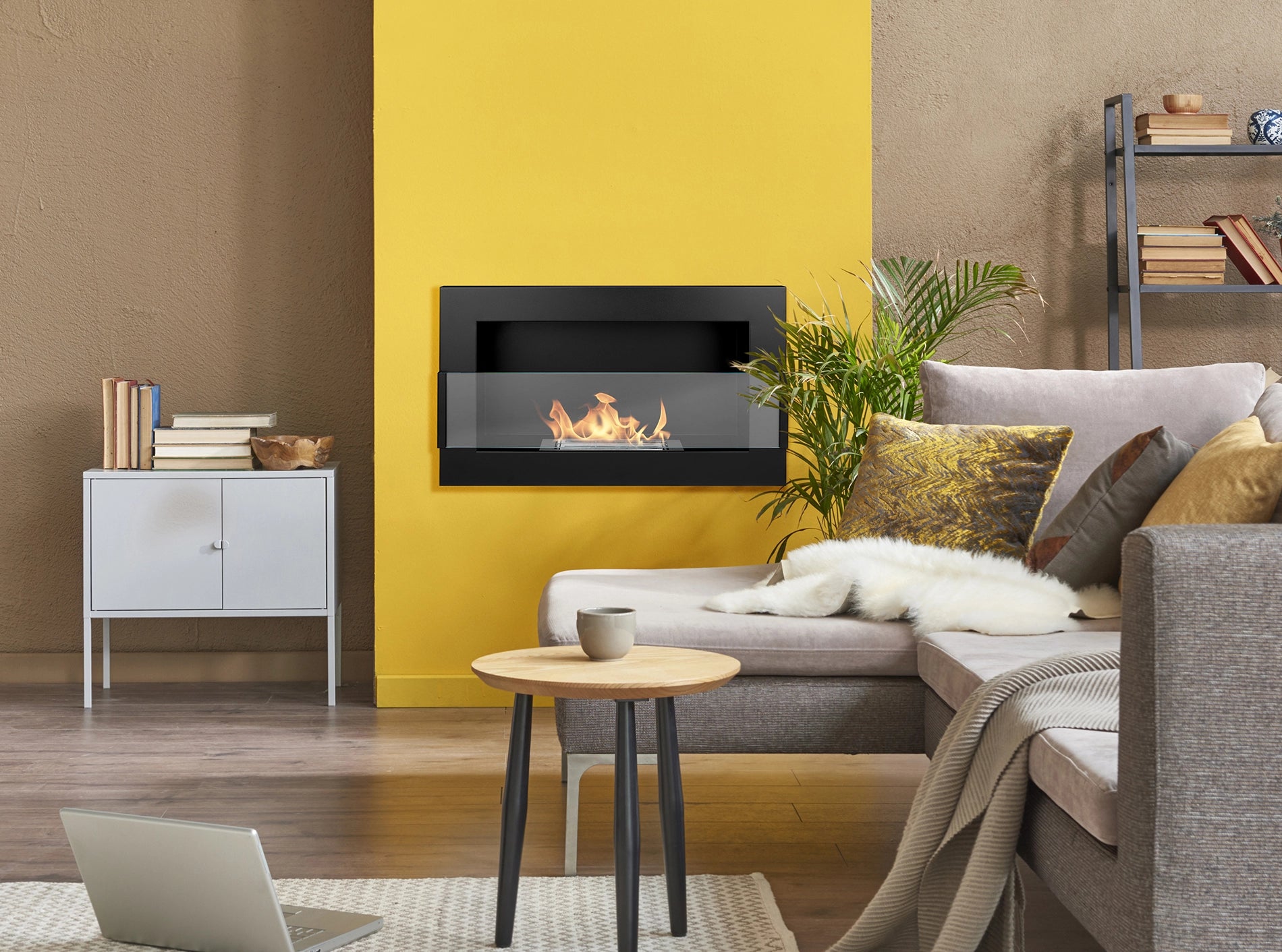 Biokamin 650x400 mit Glas Schwarz Strukturiert - IgnisLumina.ch