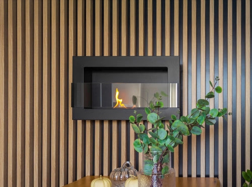 Biokamin 650x400 mit Glas Schwarz Strukturiert - IgnisLumina.ch
