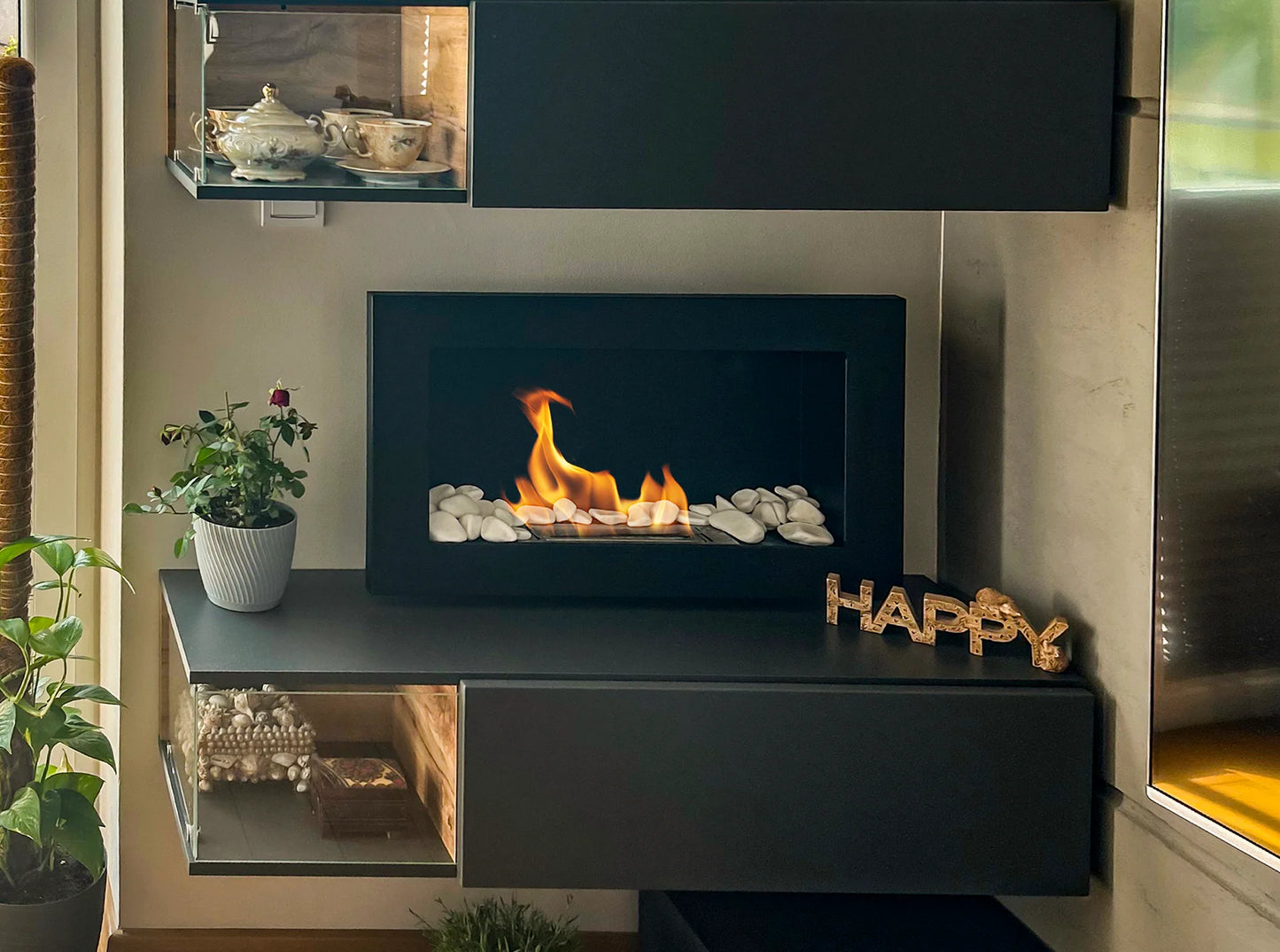 Wand-Biokamin 650x400 Schwarz Strukturiert Matt - IgnisLumina.ch