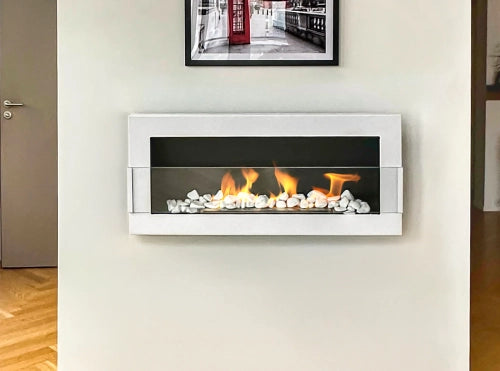 Biokamin 900x400 mit Glas Weiß Hochglanz - IgnisLumina.ch