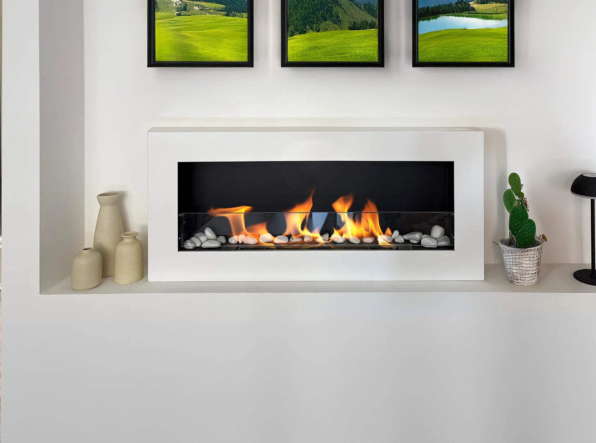 Wand-Biokamin mit Glas 900x400 Box Weiß Strukturiert Matt - IgnisLumina.ch