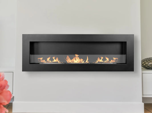 LUMINA Box Wandkamin 1200×400 | Breiter Kubus-Kamin mit Glasscheibe – Für grosse Räume – Detailansicht | IgnisLumina.ch