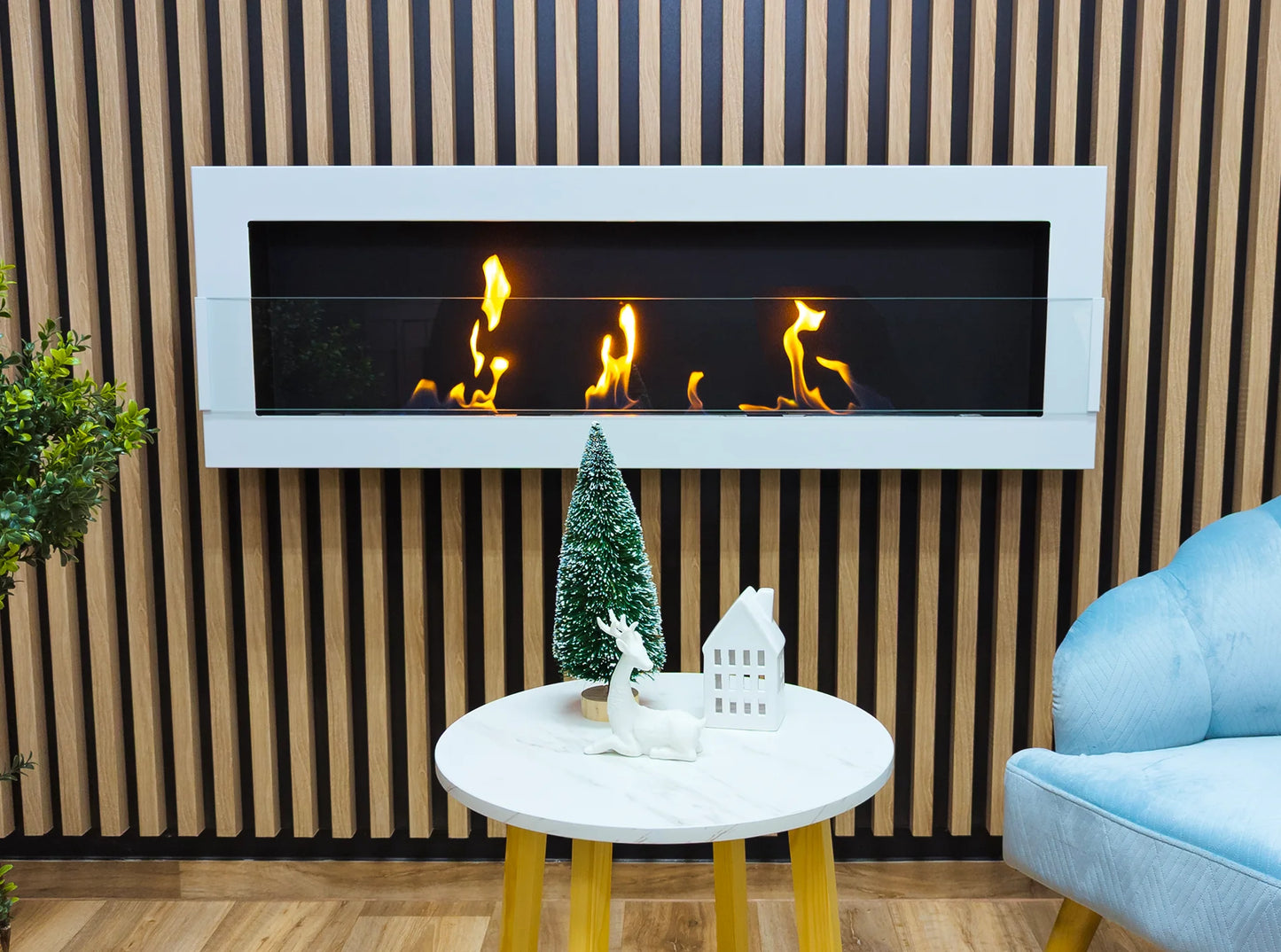 Wand-Biokamin 1200x400 Weiß Hochglanz mit Glas - IgnisLumina.ch