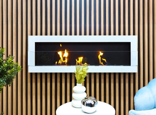 Wand-Biokamin 1200x400 Weiß Hochglanz mit Glas - IgnisLumina.ch