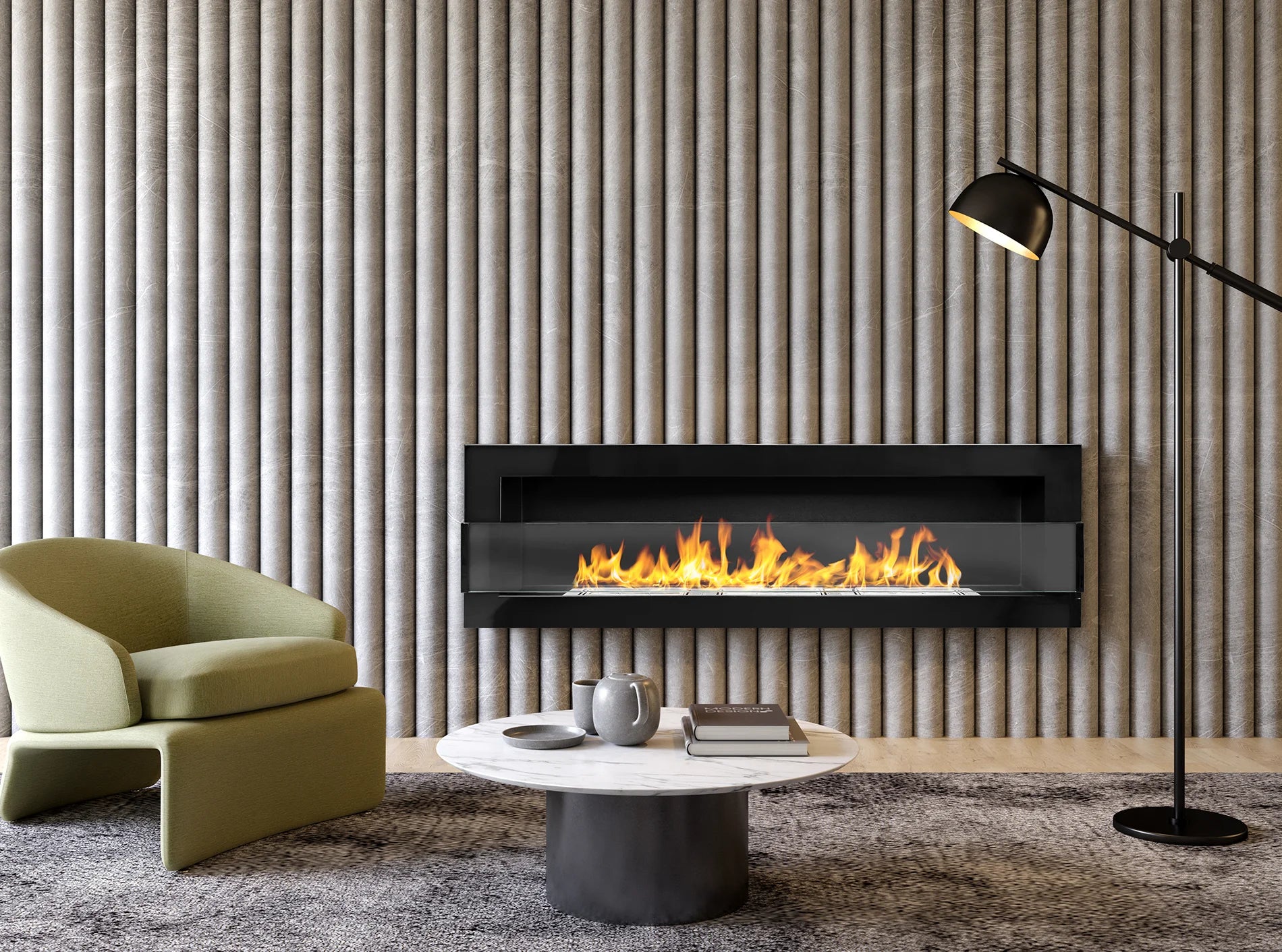 Wand-Biokamin mit Glas 1200x400 Schwarz Hochglanz - IgnisLumina.ch