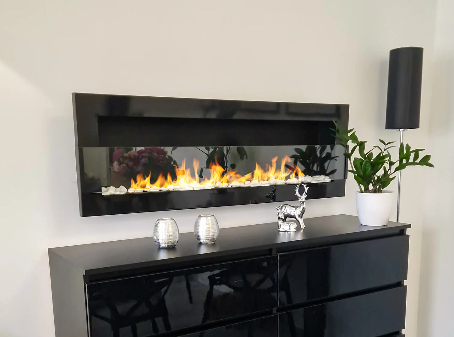 Wand-Biokamin mit Glas 1200x400 Schwarz Hochglanz - IgnisLumina.ch