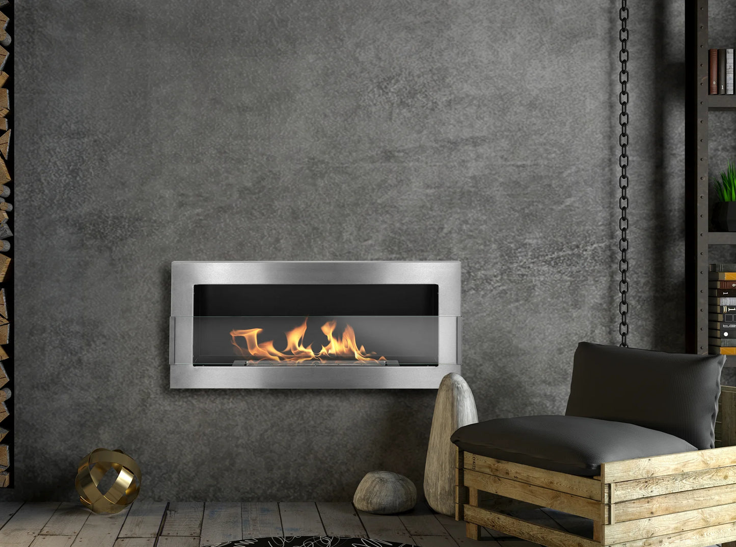 Wand-Biokamin mit Glas 900x400 Inox - IgnisLumina.ch