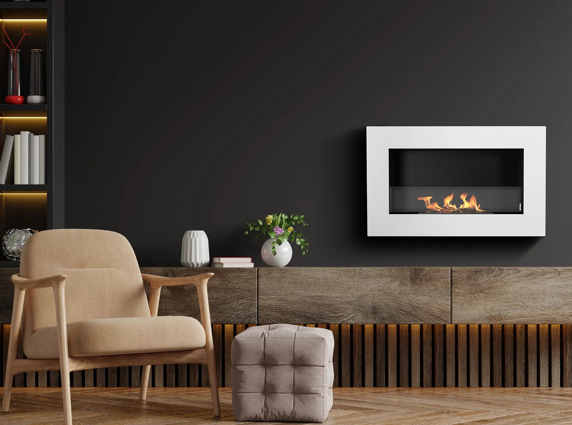 Wand-Biokamin mit Glas 650x400 Box Weiß Strukturiert Matt - IgnisLumina.ch