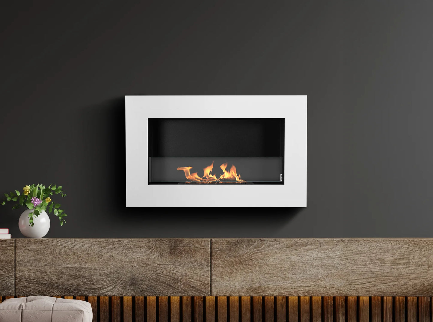 Wand-Biokamin mit Glas 650x400 Box Weiß Strukturiert Matt - IgnisLumina.ch