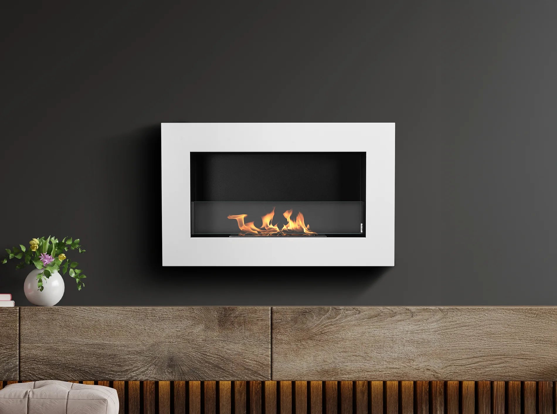 Wand-Biokamin mit Glas 650x400 Box Weiß Strukturiert Matt - IgnisLumina.ch