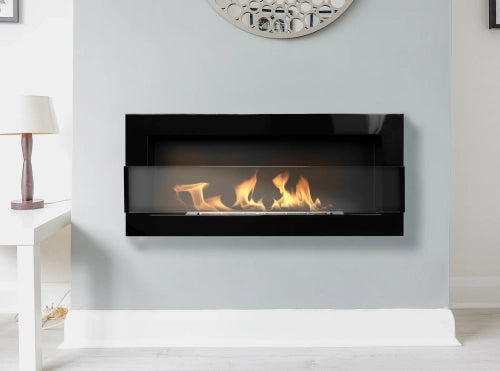 Wand-Biokamin mit Glas 900x400 Schwarz Hochglanz - IgnisLumina.ch