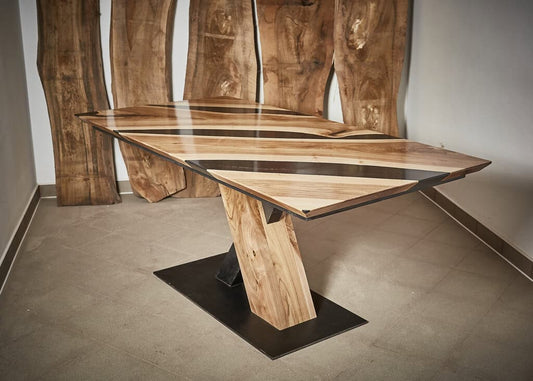 LUMINA Kaskade – Esstisch Nussbaum & Dunkelgrau-Epoxidharz 180 cm | IgnisLumina.ch