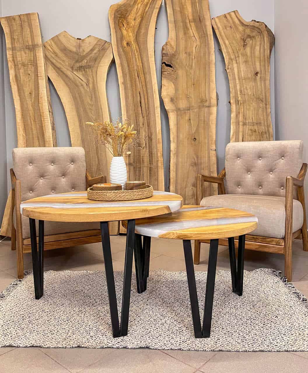 LUMINA Lira – Doppelter Design-Couchtisch Eiche & Perlmutt-Epoxidharz | IgnisLumina.ch