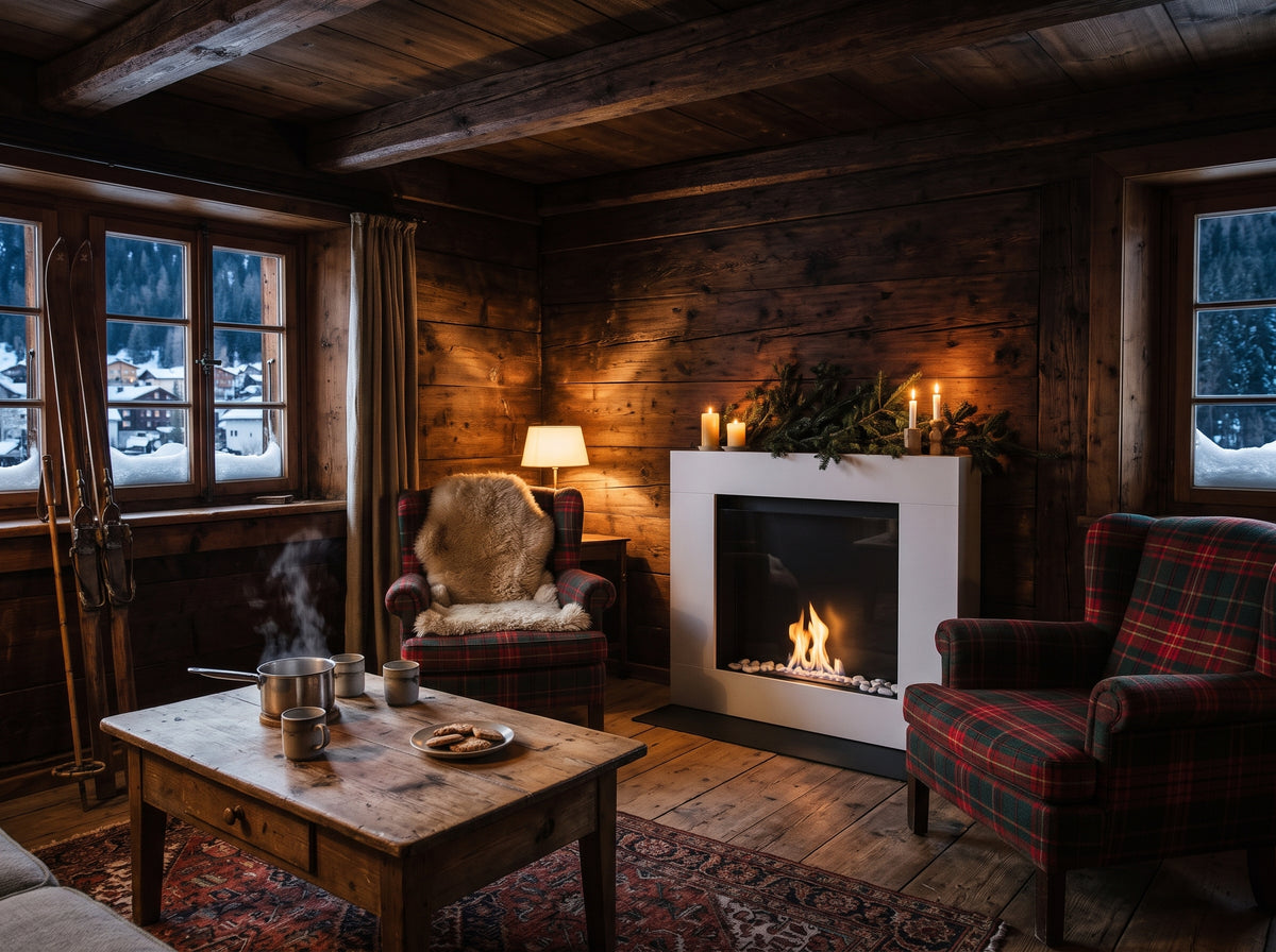 LUMINA Asne – Bioethanol-Portalkamin in einem Chalet in Klosters am Winterabend (Wohnbeispiel, Visualisierung)