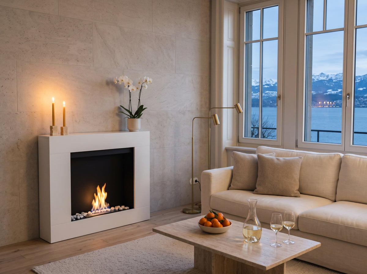 LUMINA Asne – Bioethanol-Portalkamin in einer Villa in Lausanne-Ouchy am Genfersee (Wohnbeispiel, Visualisierung)