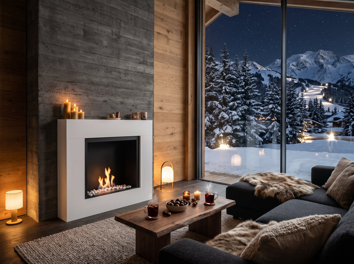 LUMINA Asne – Bioethanol-Portalkamin in einem Chalet in Verbier in einer Winternacht (Wohnbeispiel, Visualisierung)