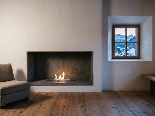 LUMINA DIY Brenner – Bioethanol-Brenner in einer Betonnische in einem Steinhaus im Unterengadin (Wohnbeispiel, Visualisierung)