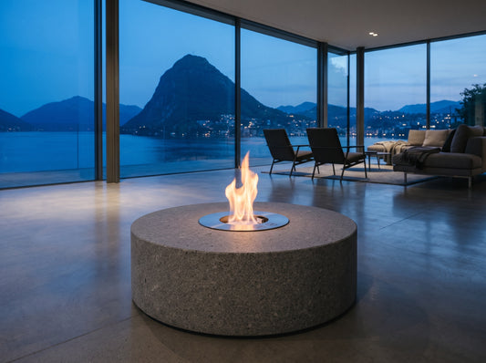 LUMINA DIY Brenner Rund – Bioethanol-Brenner in einem Granitblock in einer Villa über dem Luganersee (Wohnbeispiel, Visualisierung)