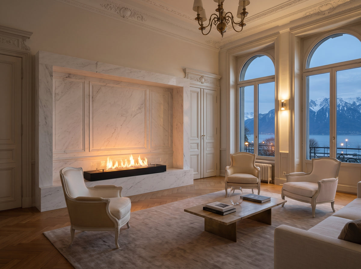 LUMINA Einbau 120 Glas – Bioethanol-Brennereinsatz in einer Belle-Époque-Wohnung in Montreux am Genfersee (Wohnbeispiel, Visualisierung)