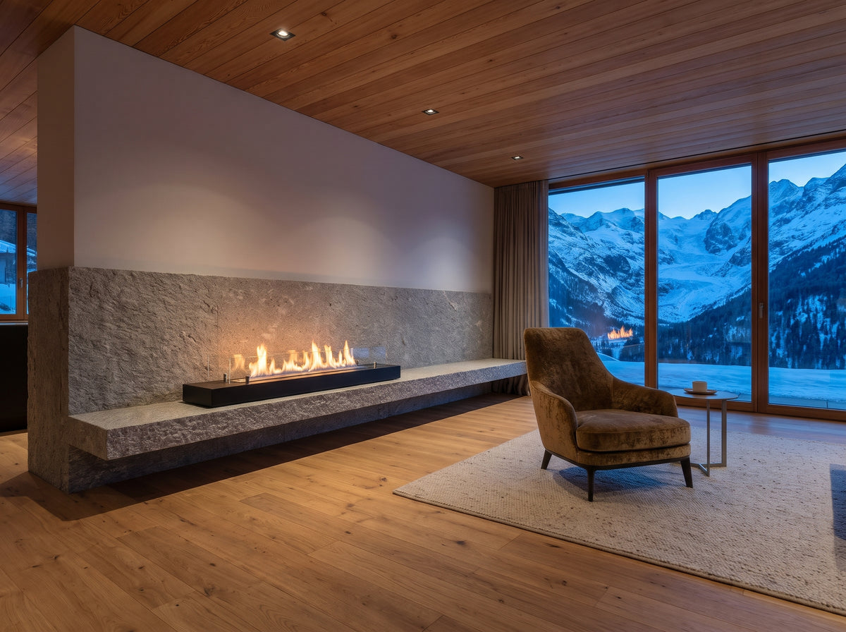 LUMINA Einbau 120 Glas – Bioethanol-Brennereinsatz in einem Engadinerhaus in Pontresina mit Gletscherblick (Wohnbeispiel, Visualisierung)