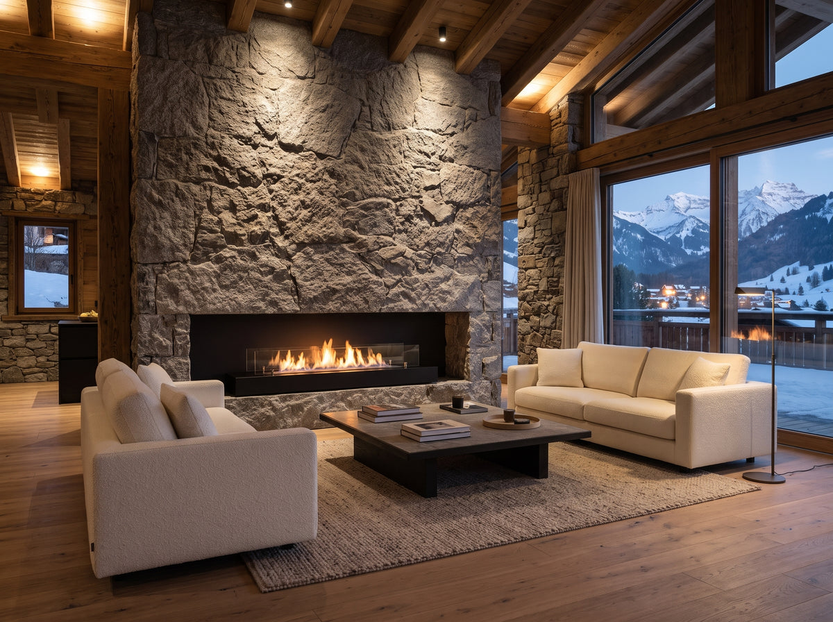 LUMINA Einbau 120 Glas – Bioethanol-Brennereinsatz in einem Chalet in Saanen bei Gstaad am Winterabend (Wohnbeispiel, Visualisierung)