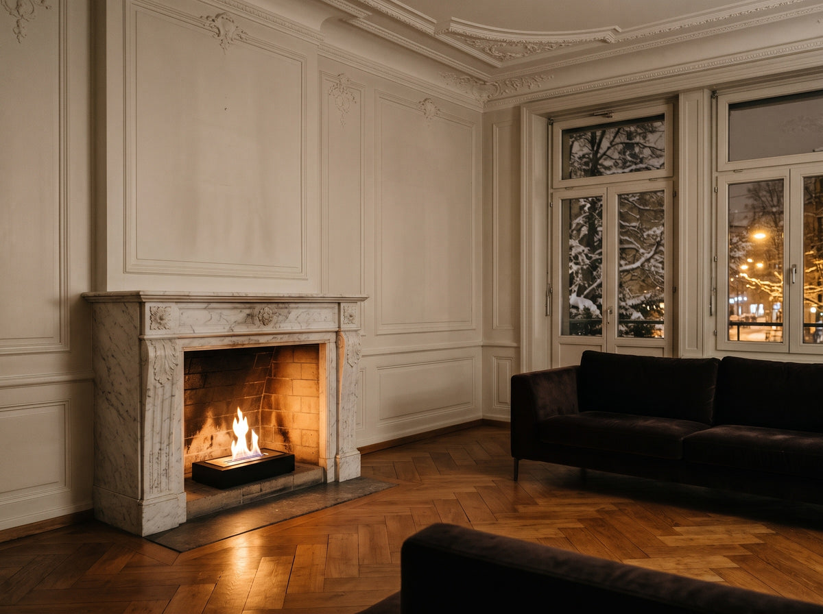 LUMINA Einbau 36 – Bioethanol-Brennereinsatz in einem Marmorkamin in einer Altbauwohnung in Zürich (Wohnbeispiel, Visualisierung)
