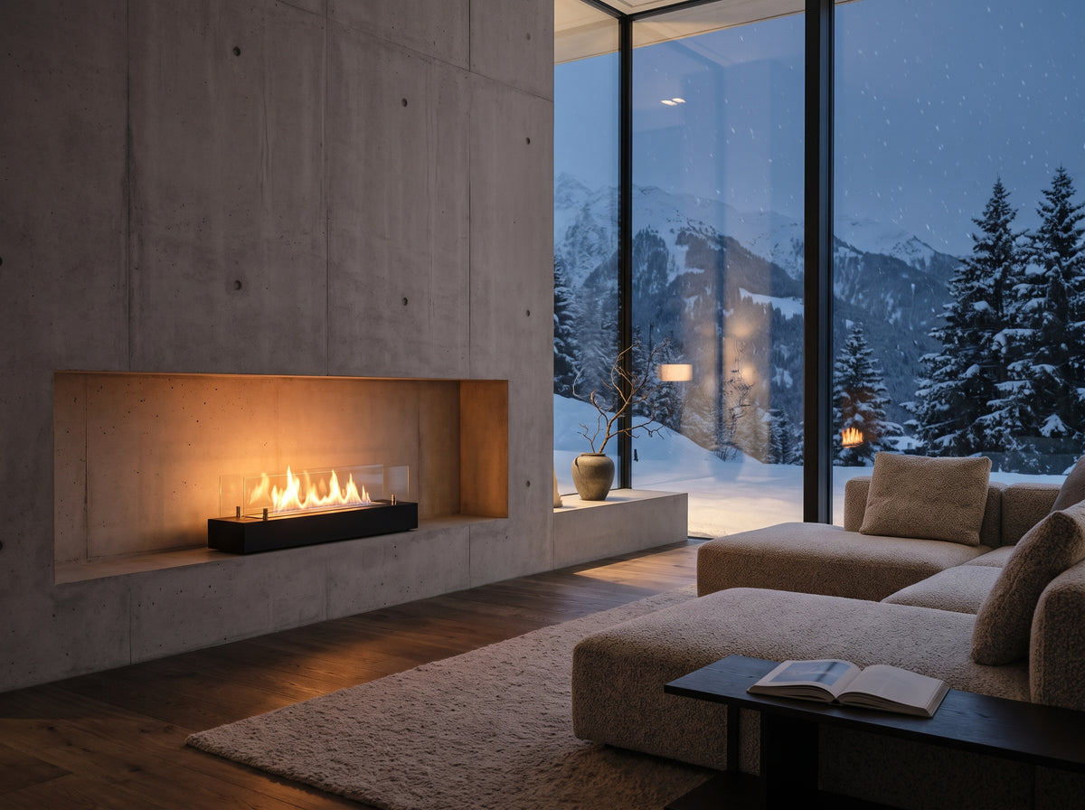 LUMINA Einbau 70 Glas – Bioethanol-Brennereinsatz in einem Designerchalet in Laax am Abend (Wohnbeispiel, Visualisierung)