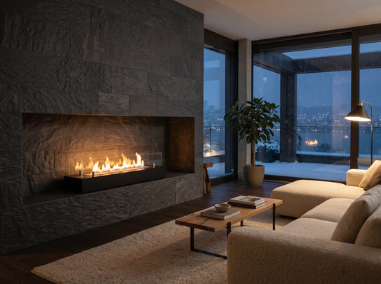 LUMINA Einbau 70 Glas – Bioethanol-Brennereinsatz in einem Penthouse in Zürich Seefeld im Winter (Wohnbeispiel, Visualisierung)