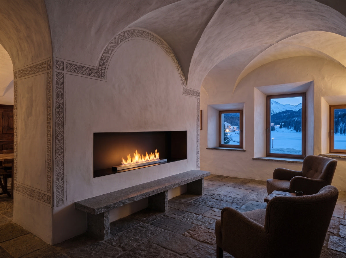 LUMINA Einbau Linear 900 – Bioethanol-Brennereinsatz in einem Engadinerhaus in St. Moritz (Wohnbeispiel, Visualisierung)
