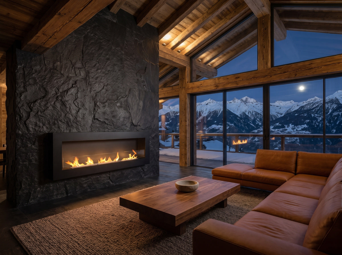 LUMINA Flammen 1200 Box – Bioethanol-Wandkamin mit Glasscheibe in einem Chalet in Crans-Montana bei Nacht (Wohnbeispiel, Visualisierung)