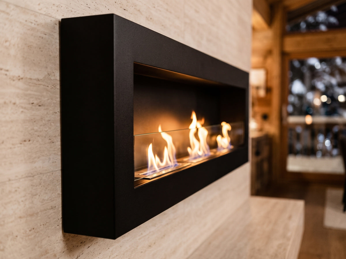 LUMINA Flammen 1200 Box – Detail an einem Winterabend (Wohnbeispiel, Visualisierung)