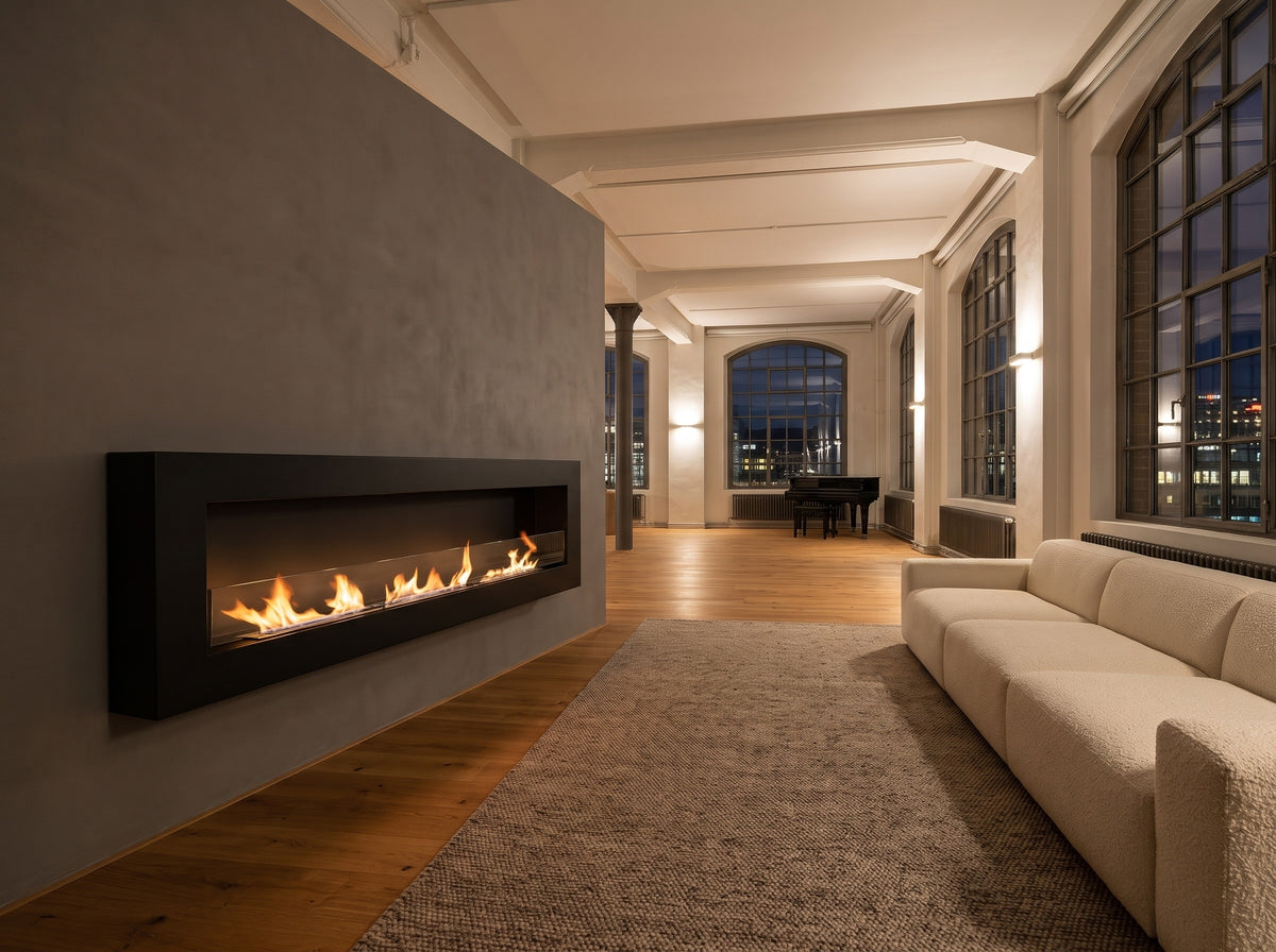 LUMINA Flammen 1200 Box – Bioethanol-Wandkamin mit Glasscheibe in einem Loft in Zürich-West (Wohnbeispiel, Visualisierung)