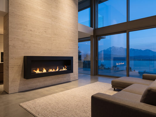 LUMINA Flammen 1200 Box – Bioethanol-Wandkamin mit Glasscheibe in einem Penthouse in Zug am Zugersee (Wohnbeispiel, Visualisierung)