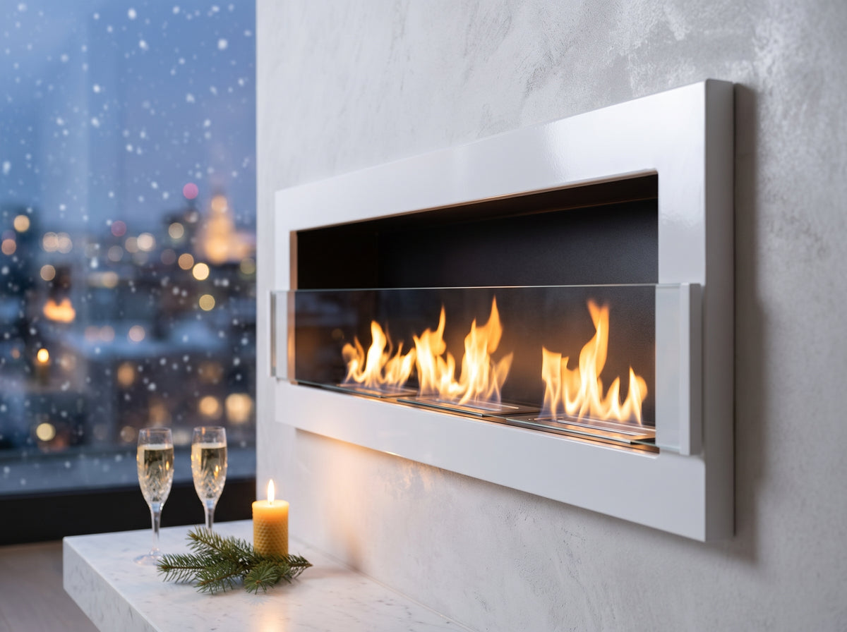 LUMINA Flammen 1200 Glas – Detail an einem Winterabend in Zürich (Wohnbeispiel, Visualisierung) – Weiss glänzend