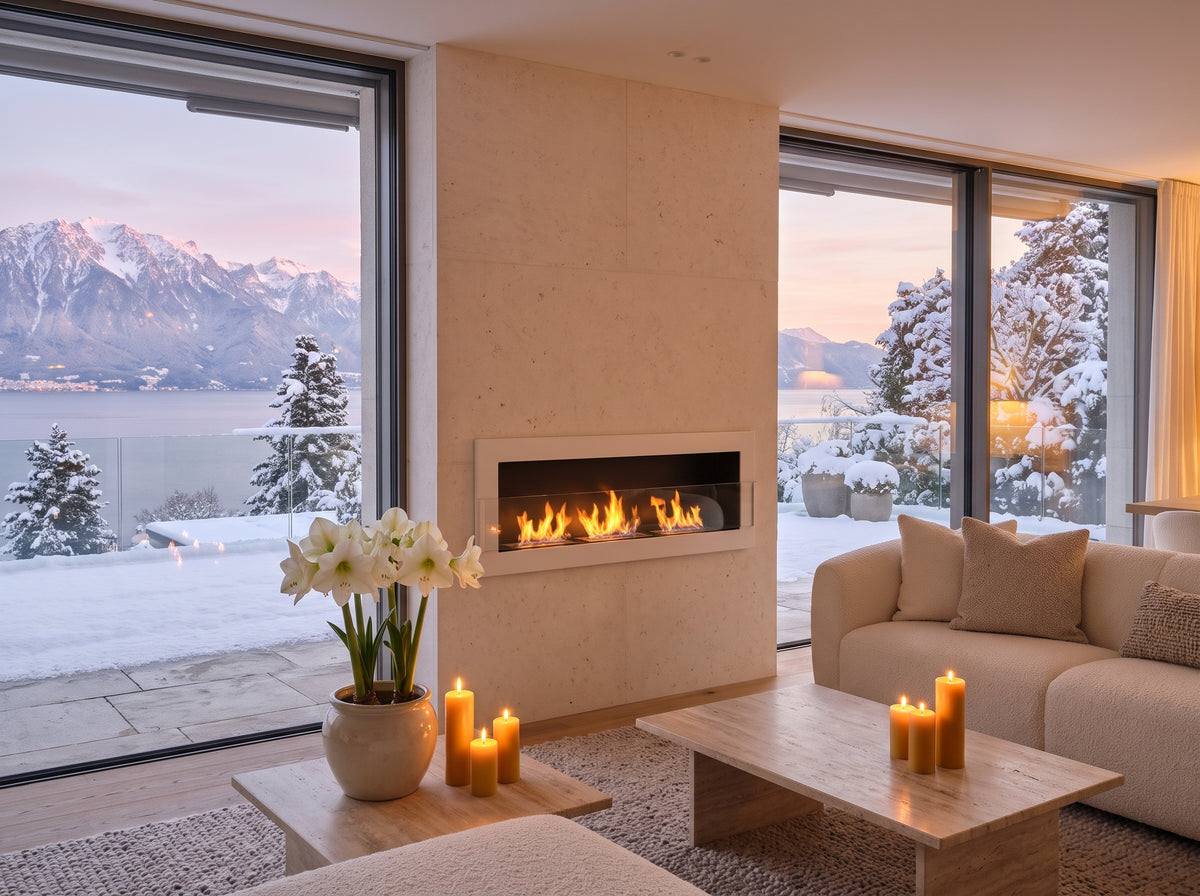 LUMINA Flammen 1200 Glas – Bioethanol-Wandkamin in einer Villa am Genfersee im Winter (Wohnbeispiel, Visualisierung) – Weiss glänzend