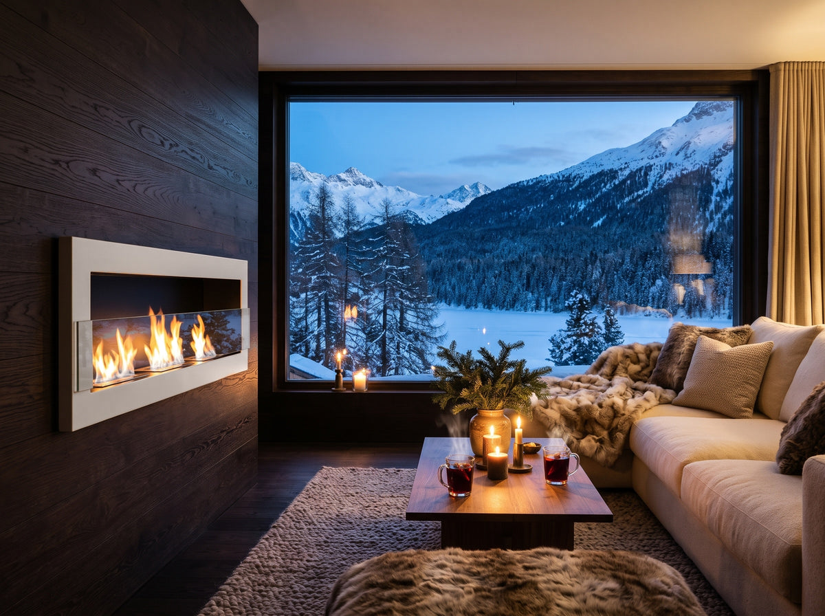 LUMINA Flammen 1200 Glas – Bioethanol-Wandkamin in einem Chalet in St. Moritz im Winter (Wohnbeispiel, Visualisierung) – Weiss glänzend