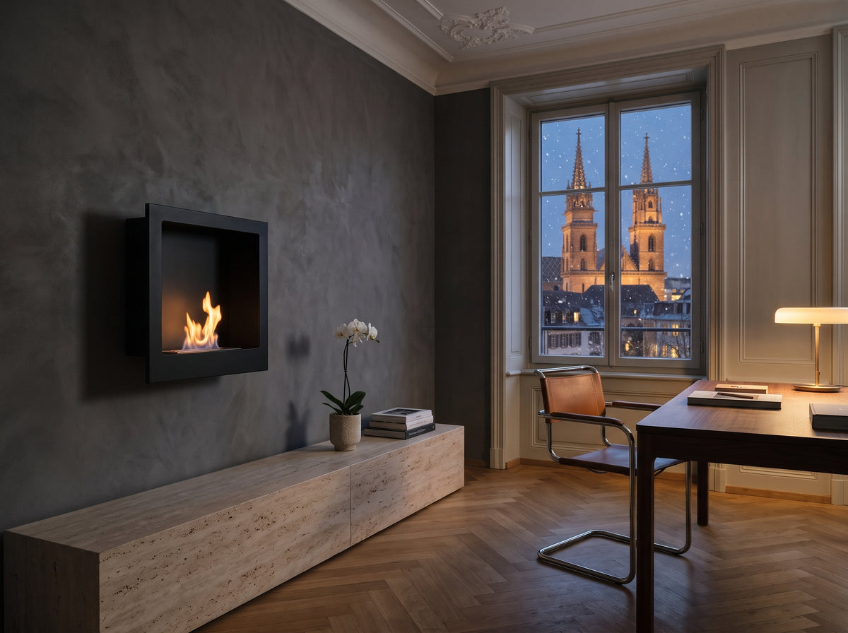 LUMINA Flammen 400 – Bioethanol-Wandkamin in einem Stadthaus in der Basler Altstadt im Winter (Wohnbeispiel, Visualisierung)