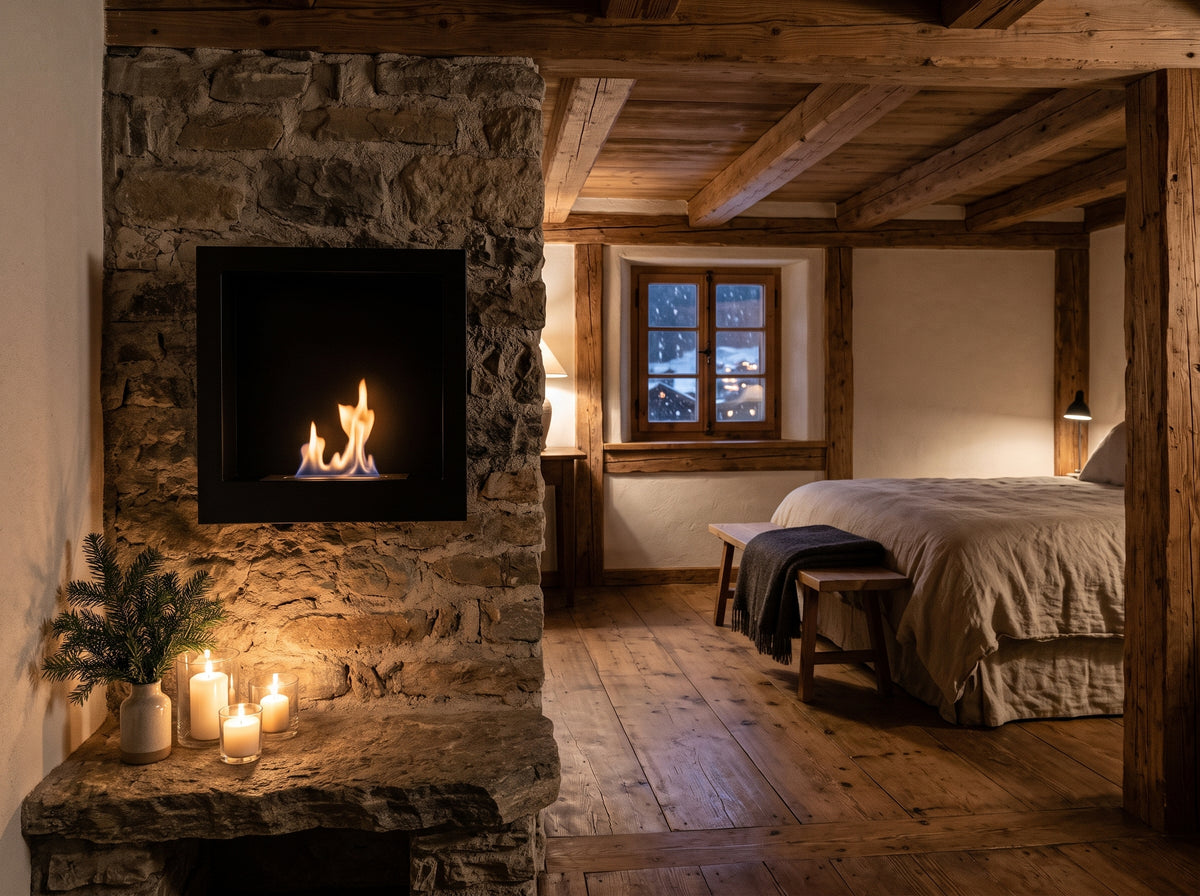 LUMINA Flammen 400 – Bioethanol-Wandkamin in einem Chalet in Rougemont im Schnee (Wohnbeispiel, Visualisierung)