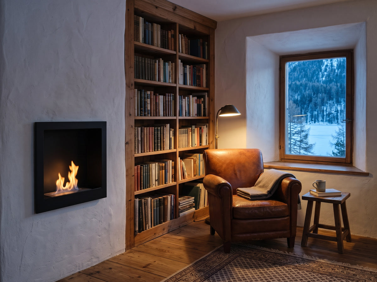 LUMINA Flammen 400 – Bioethanol-Wandkamin in einem Lesezimmer in Sils Maria am Winterabend (Wohnbeispiel, Visualisierung)