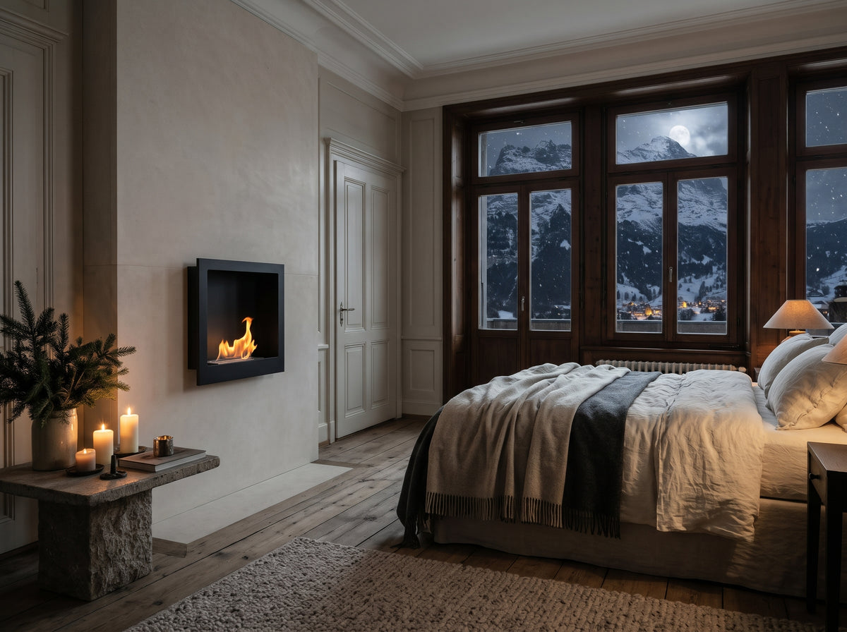 LUMINA Flammen 400 – Bioethanol-Wandkamin in einer Grandhotel-Suite in Wengen in einer Winternacht (Wohnbeispiel, Visualisierung)