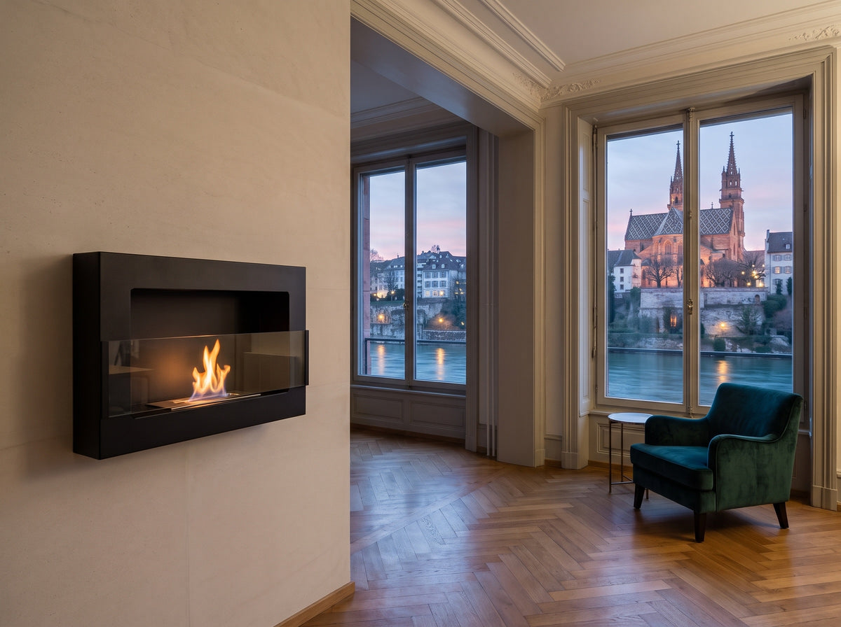 LUMINA Flammen 650 – Bioethanol-Wandkamin in einer Wohnung am Rhein in Basel St. Alban (Wohnbeispiel, Visualisierung) – mit Glasscheibe – Schwarz strukturiert