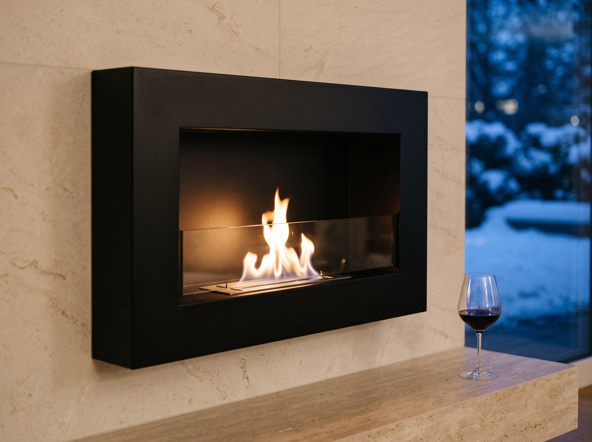 LUMINA Flammen 650 Box Glas – Detail an einem Winterabend (Wohnbeispiel, Visualisierung) – Schwarz strukturiert