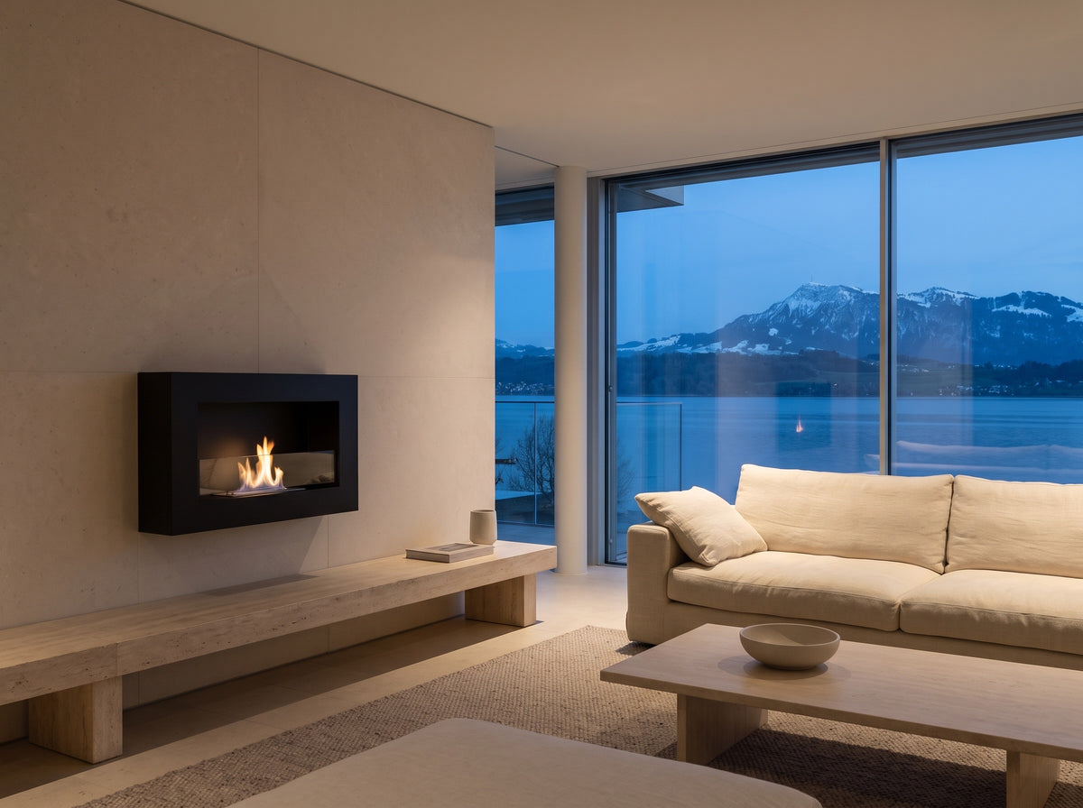 LUMINA Flammen 650 Box Glas – Bioethanol-Wandkamin mit Glasscheibe in einer Seewohnung in Zug mit Blick auf die Rigi (Wohnbeispiel, Visualisierung) – Schwarz strukturiert