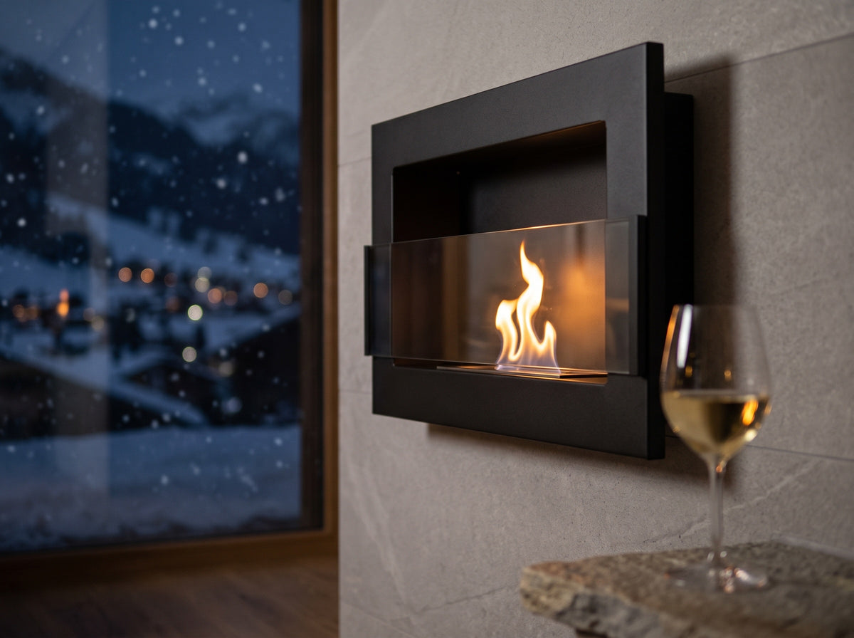 LUMINA Flammen 650 – Detail an einem Winterabend (Wohnbeispiel, Visualisierung) – mit Glasscheibe – Schwarz strukturiert