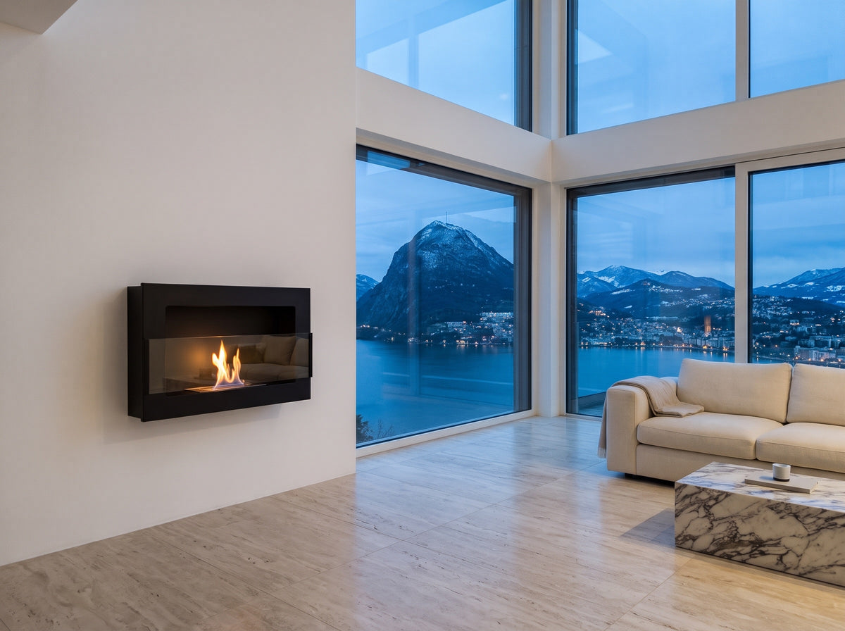 LUMINA Flammen 650 – Bioethanol-Wandkamin in einem Penthouse in Lugano-Paradiso am Winterabend (Wohnbeispiel, Visualisierung) – mit Glasscheibe – Schwarz strukturiert